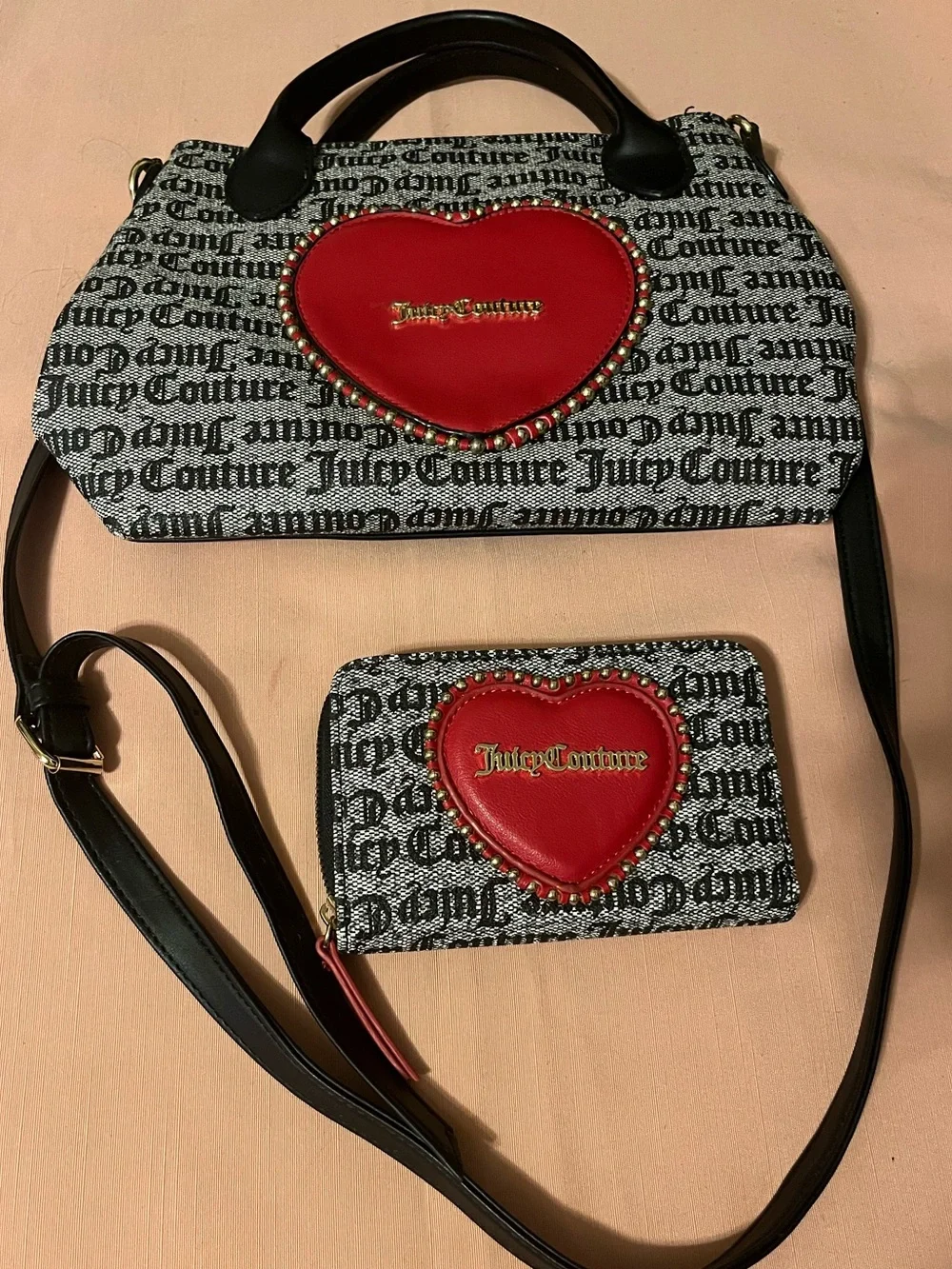Juicy Couture Black & White Logo Satchel with Red Heart Accent & Wallet